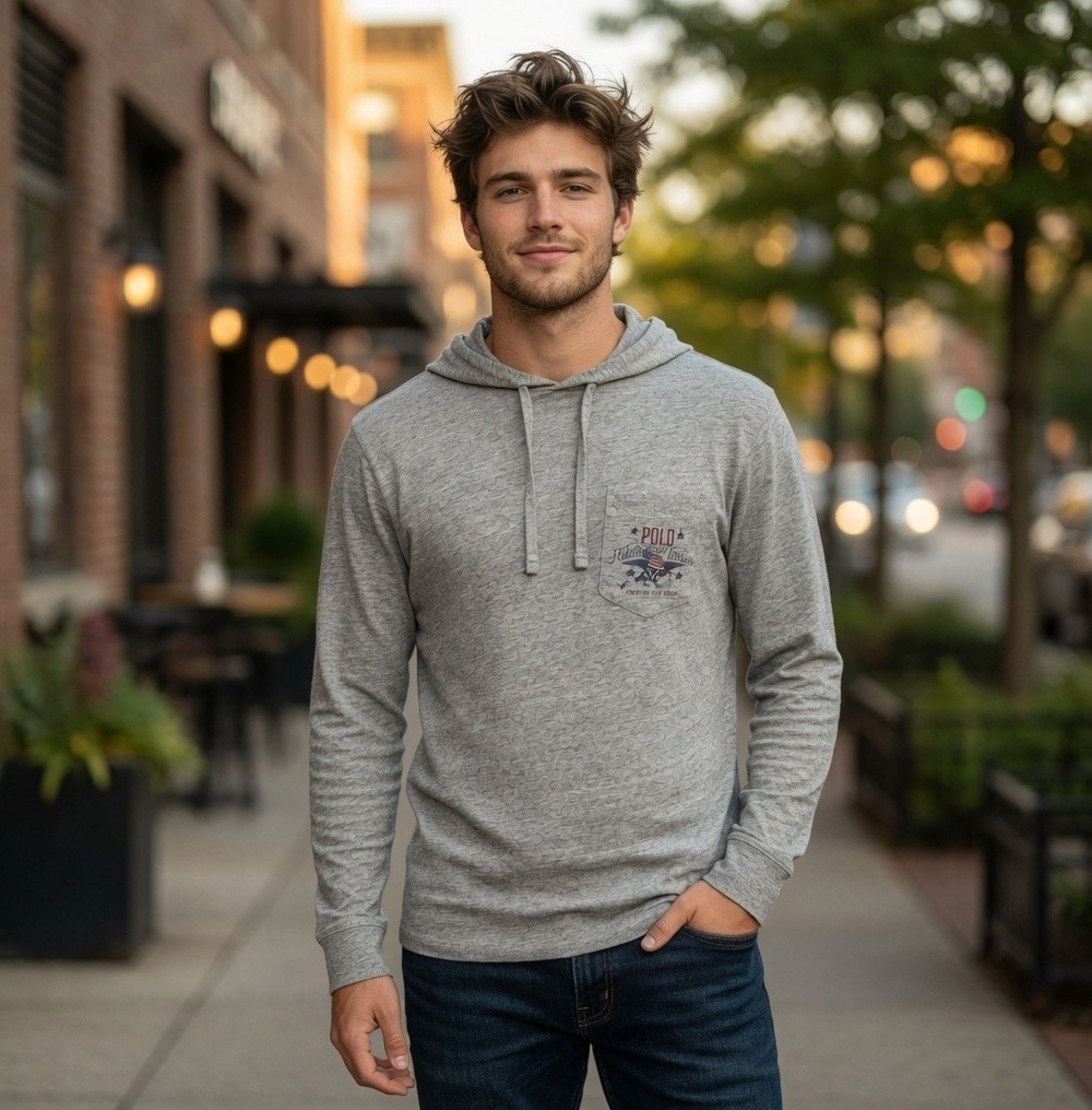 Polo Ralph Lauren Men's American Flag Eagle Hoodie S Heather Grey Long Sleeve VG